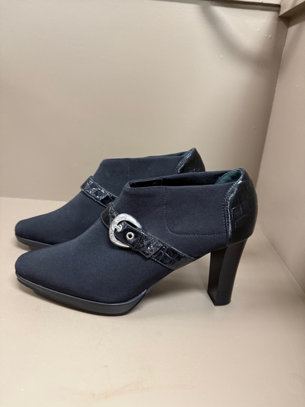 Brighton ‘Song’ Made in Italy Black High Heel Buckle Ankle Bootie Stretch Patent